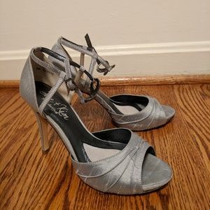 Silver silk bridesmaid dress heels narrow